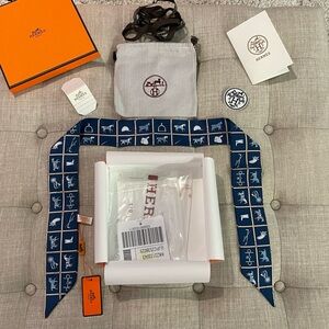 Hermes Navy & White Twilly Scarf with Equestrian Icons